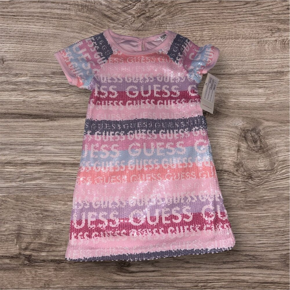 GUESS Girls' Sequin Logo Stripe Dress